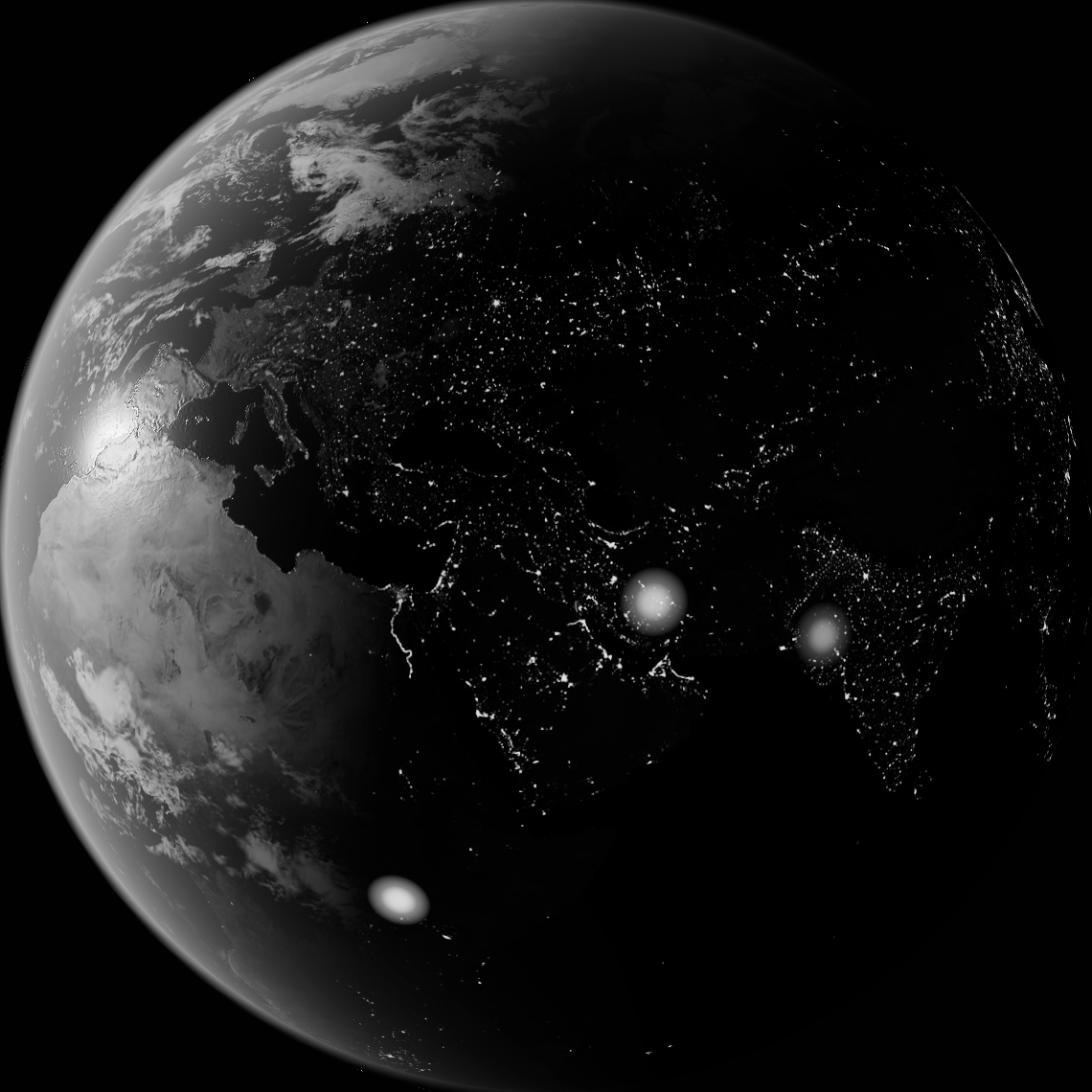 The piece's globe, most of it in night: Europe and North Africa lit along the left limb under cloud, and the land east of them covered in the orange grain of city lights, with three white flashes over southern Asia, each one a death at the moment it happened.